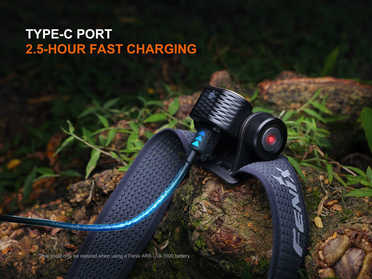 Fenix HM55R nabíjanie cez port USB-C na boku hlavy, s akumulátorom ARB-L18-1600 plná približne za 2,5 hodiny