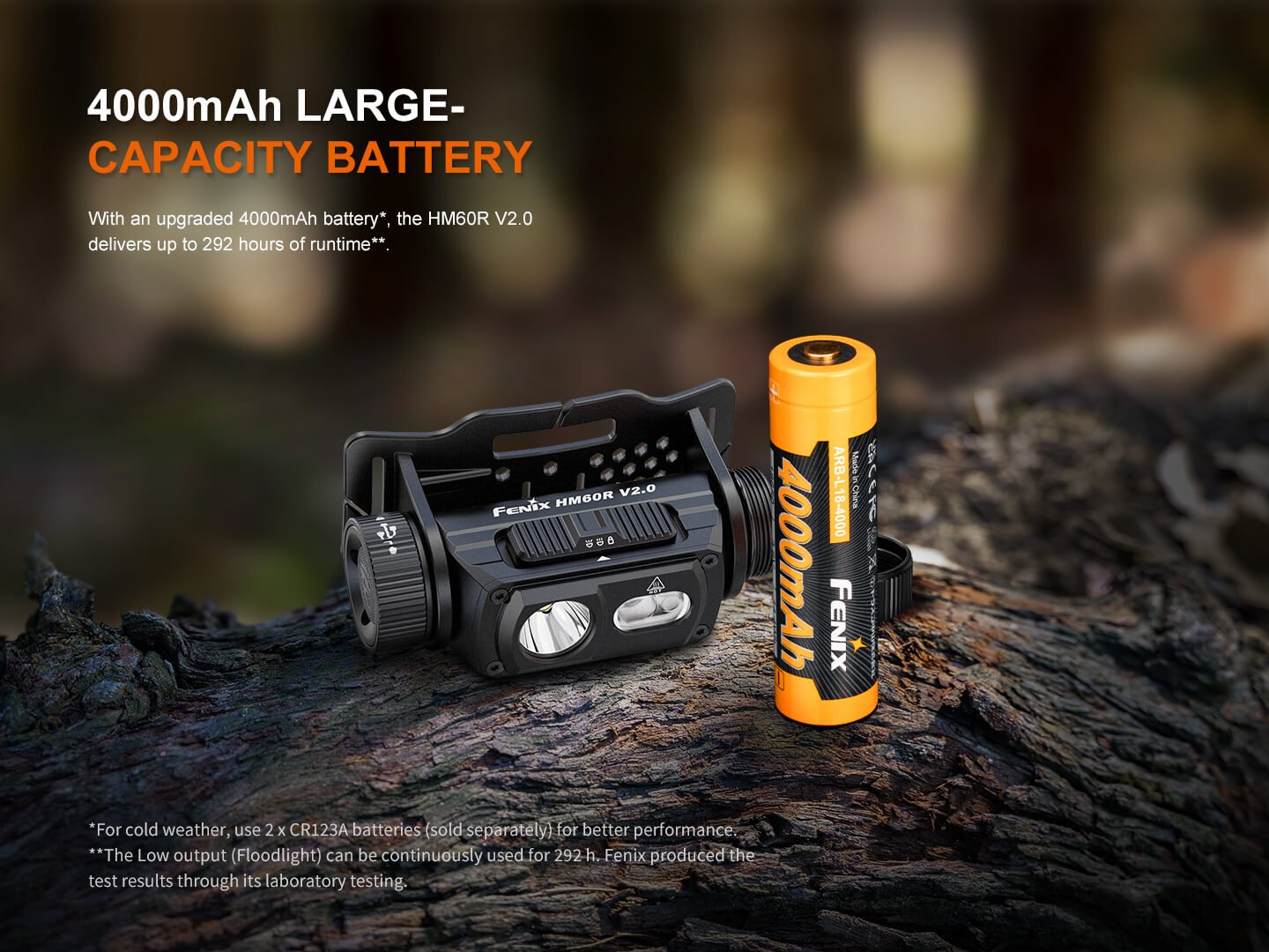 Fenix HM60R V2.0 a vymeniteľný akumulátor ARB-L18-4000 s kapacitou 4000 mAh, výdrž až 292 h, núdzovo 2× CR123A (3 V)