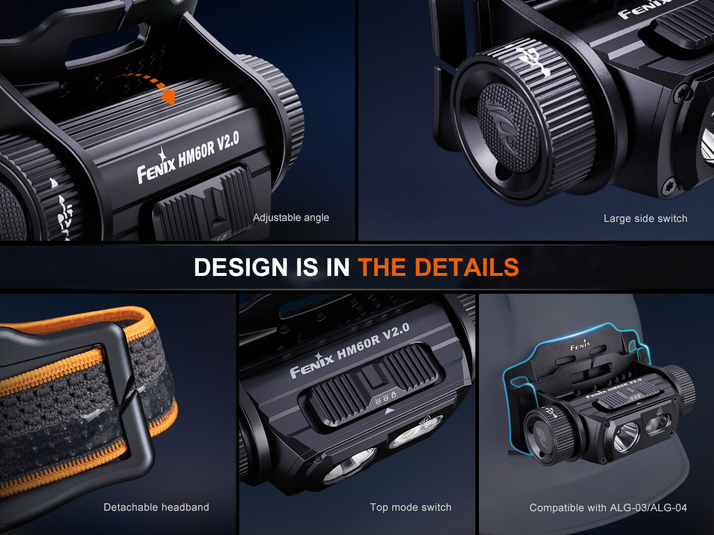 Fenix HM60R V2.0 detaily: nastaviteľný sklon, veľký bočný spínač, odnímateľná čelenka a uchytenie v držiaku na prilbe