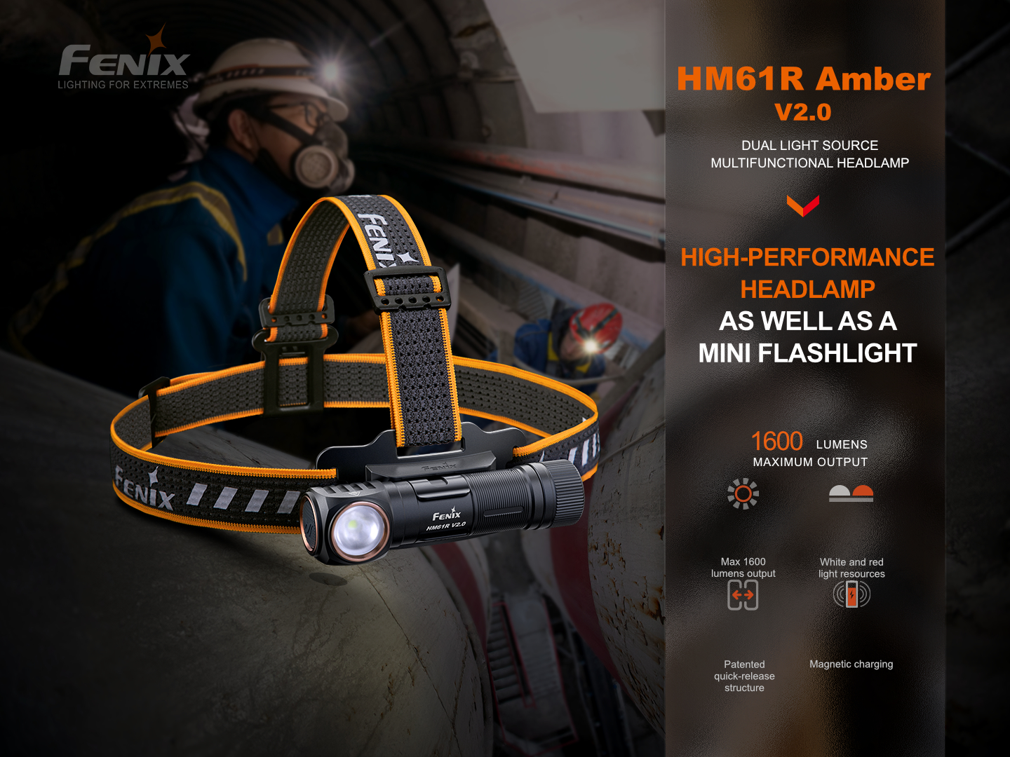 Fenix HM61R Amber V2.0 čelovka so sivo-oranžovou čelenkou a výkonom 1600 lúmenov pri údržbe potrubia v tuneli