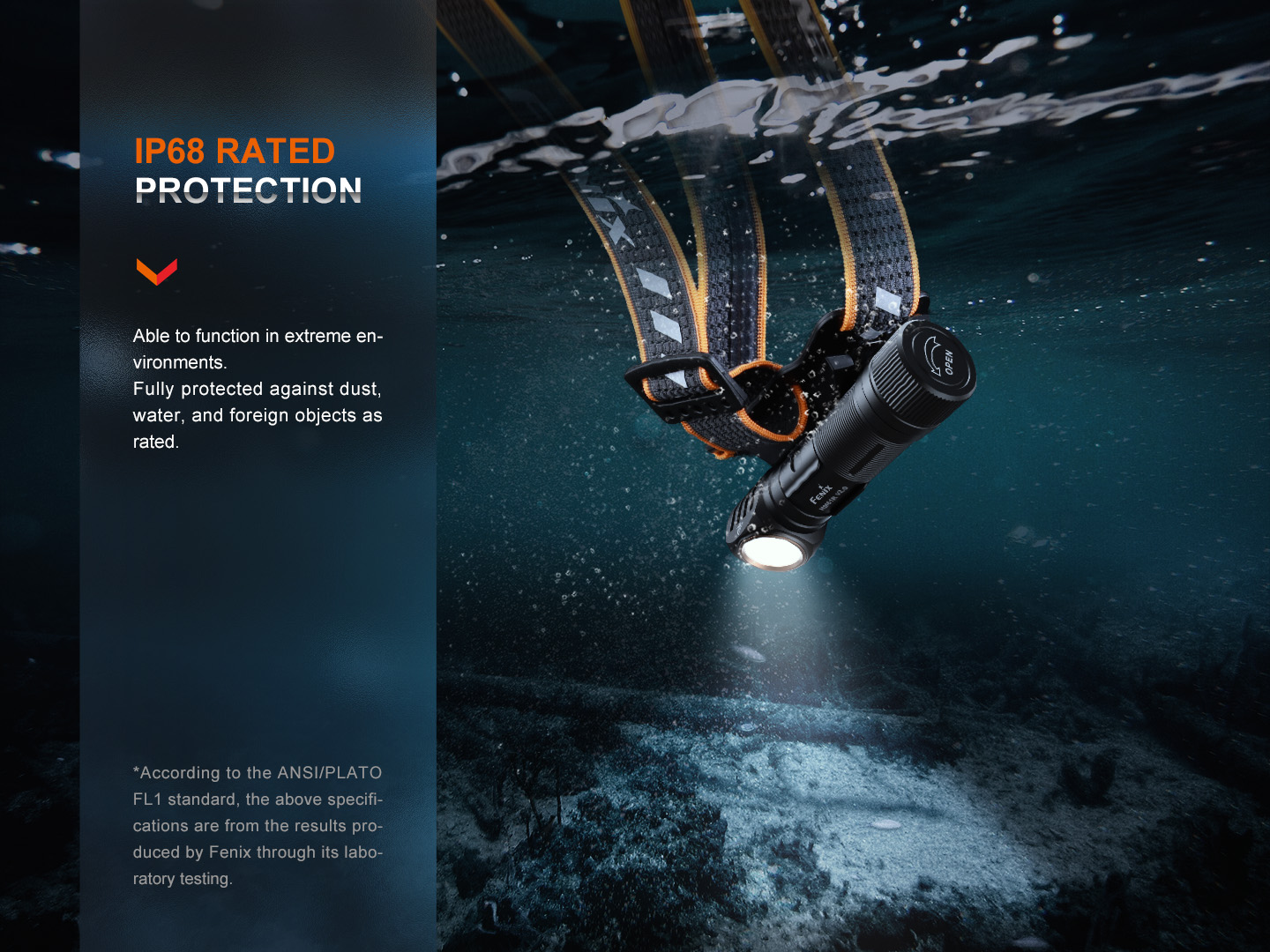 Fenix HM61R Amber V2.0 s krytím IP68 svieti pod vodnou hladinou, chránená proti prachu a vode