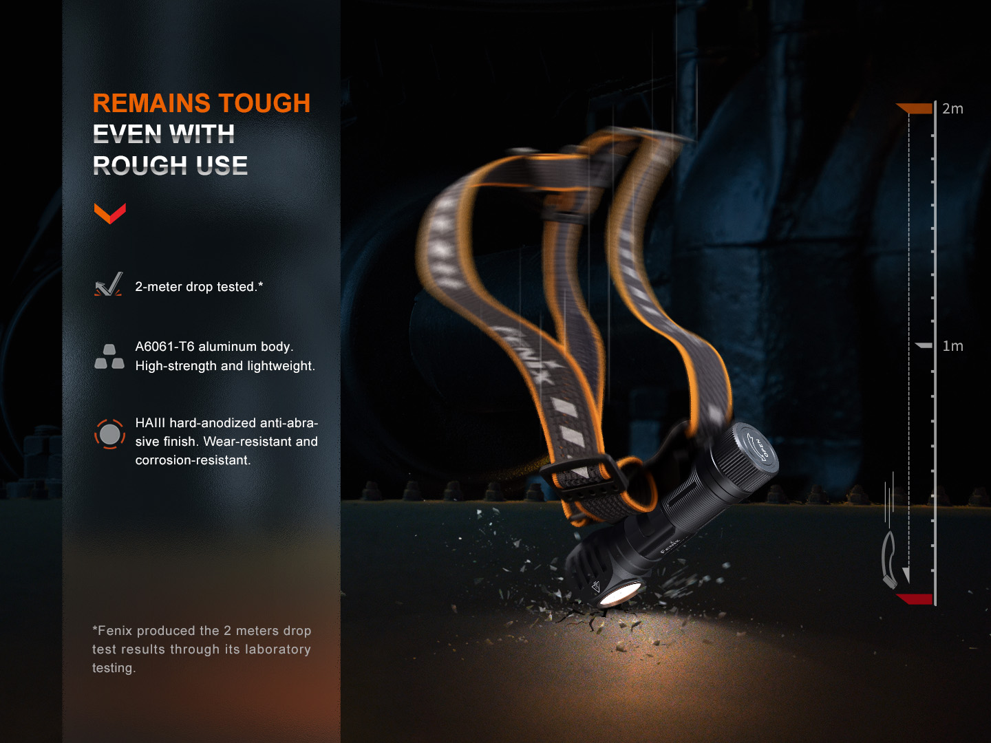 Fenix HM61R Amber V2.0 s telom z hliníka A6061-T6 a anodizáciou HAIII pri teste pádu z výšky 2 metre