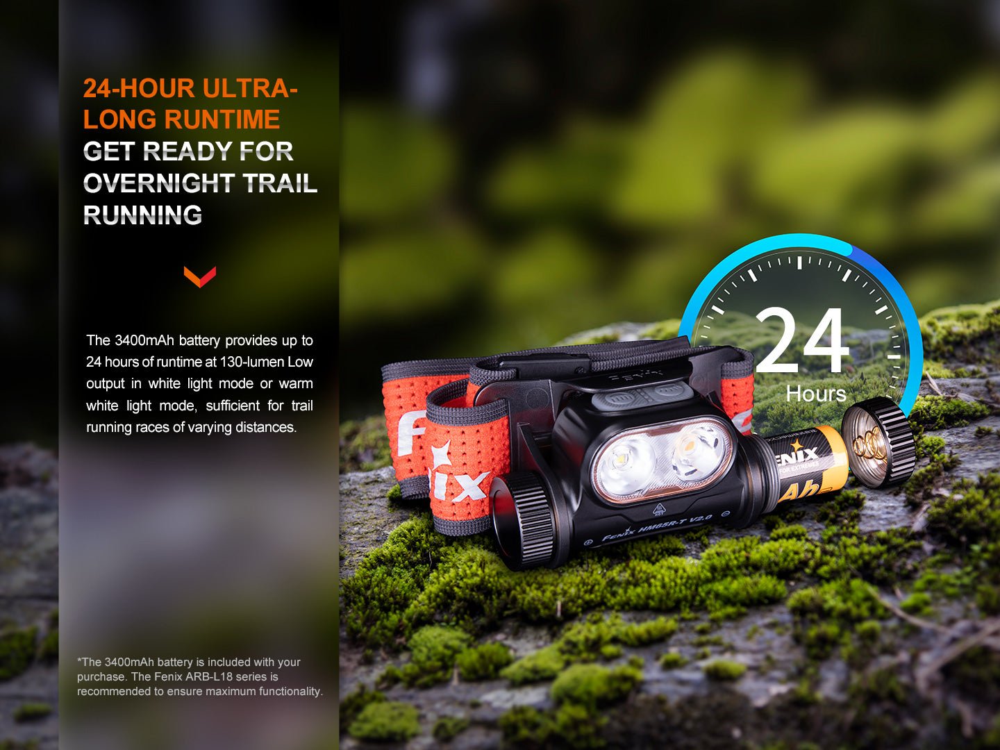Fenix HM65R-T V2.0 na machovom kameni s vybratým akumulátorom 3400 mAh, až 24 hodín na 130 lúmenoch