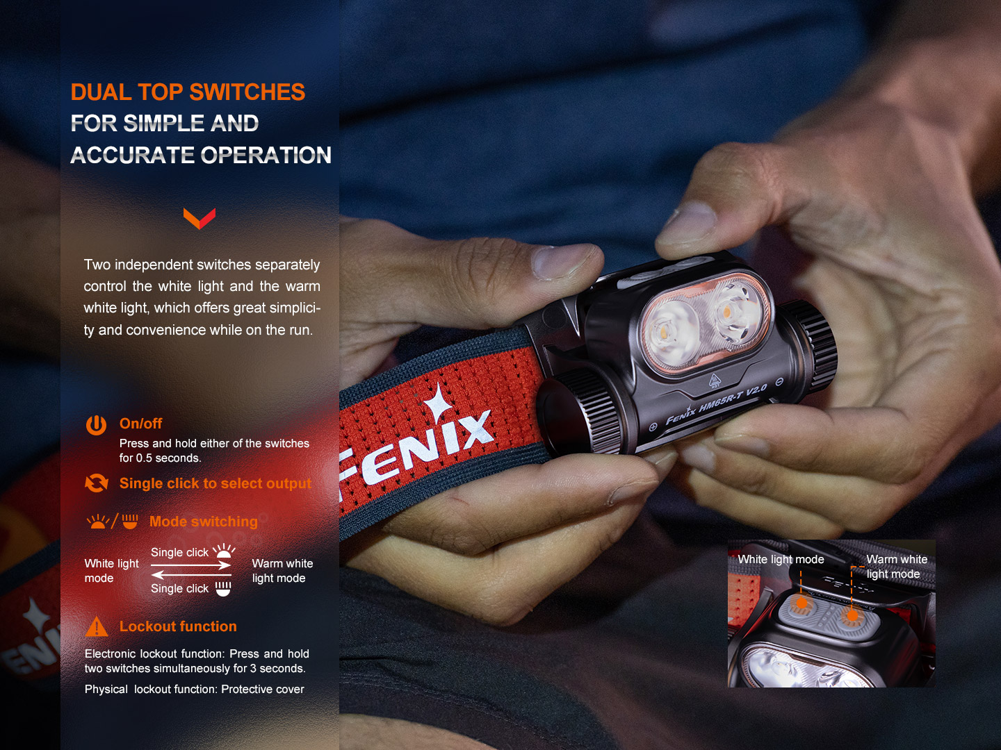Fenix HM65R-T V2.0 v rukách bežca, dve nezávislé tlačidlá navrchu pre biele a teplé svetlo a zámok
