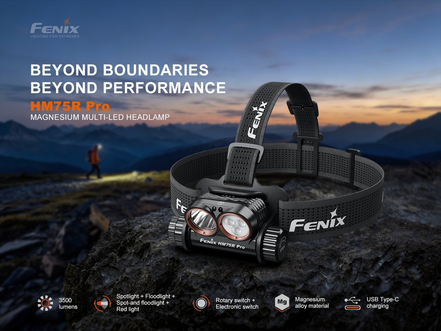 Fenix HM75R Pro, čelovka z horčíkovej zliatiny so štyrmi svetlami a 3500 lúmenmi, na skale v horách za súmraku