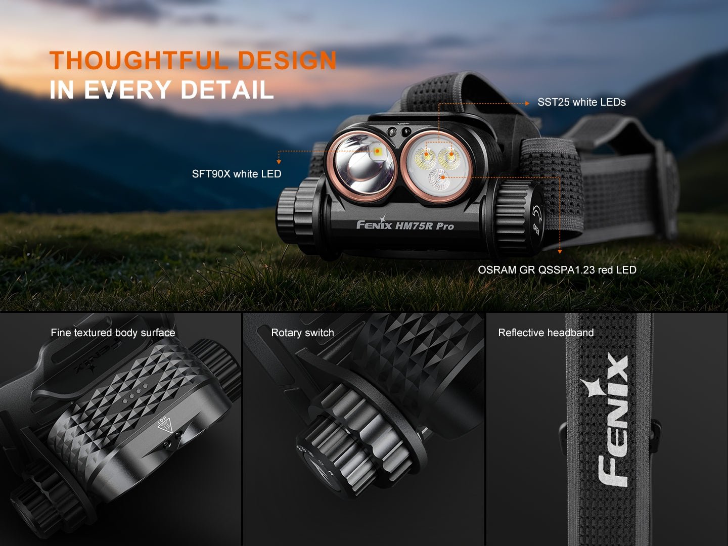Detaily Fenix HM75R Pro: LED Luminus SFT90X, dve LED SST25, červená LED OSRAM, otočný volič a reflexná čelenka