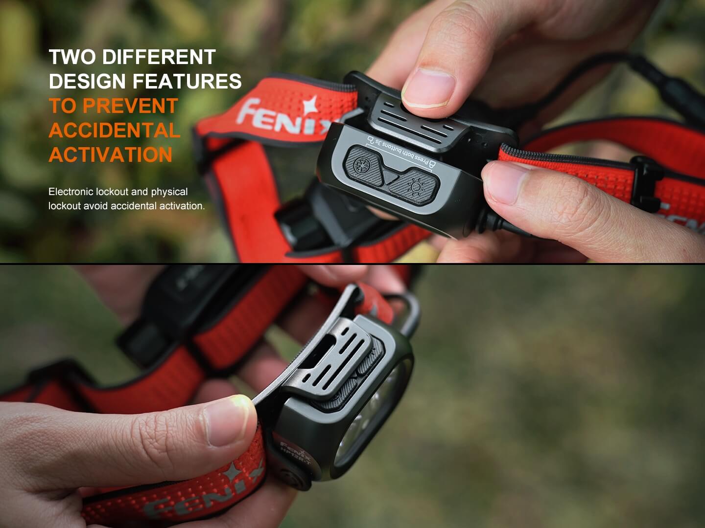 Fenix HP12R-T elektronický zámok podržaním oboch spínačov na 3 s a mechanický kryt spínačov proti náhodnému zapnutiu
