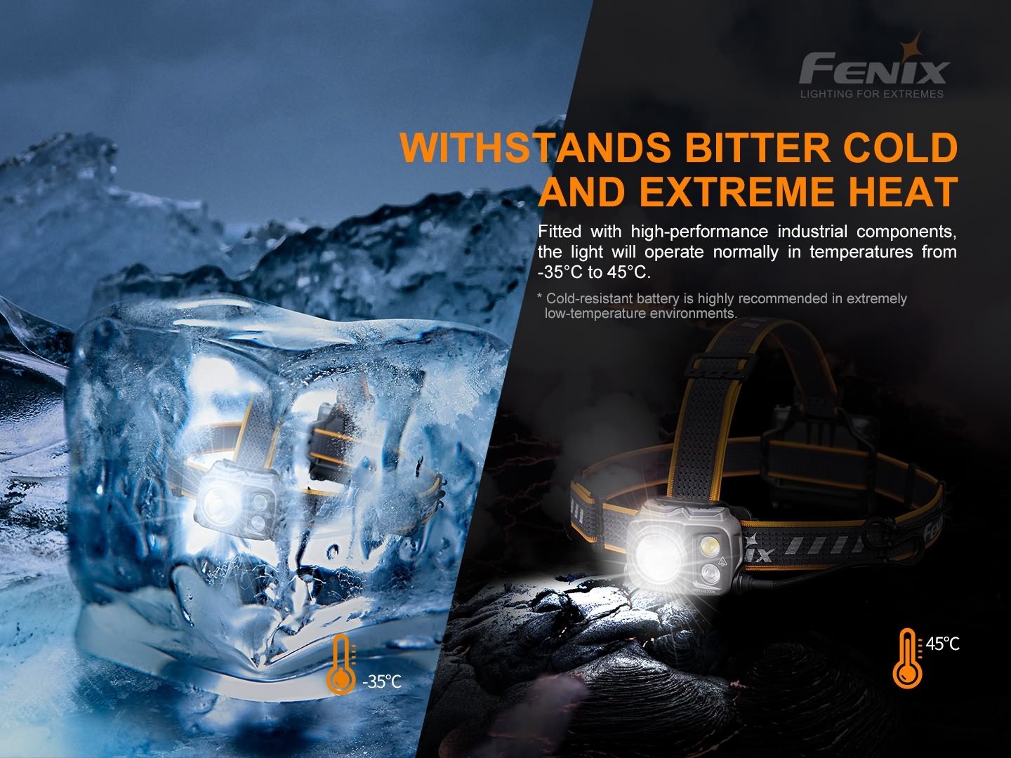 Fenix HP16R svieti zamrznutá v ľade pri −35 °C aj na horúcich kameňoch pri 45 °C
