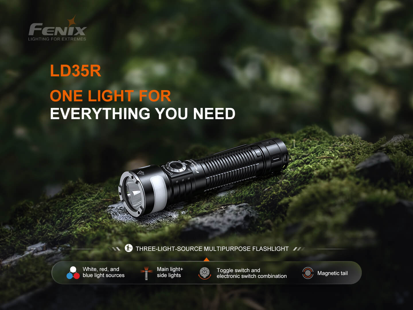 Fenix LD35R multifunkčná baterka s bielym, červeným a modrým svetlom, otočným voličom a magnetickým chvostom