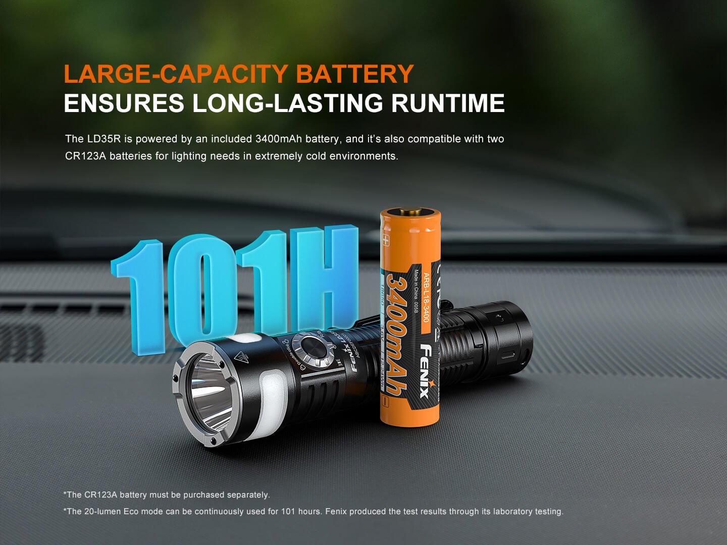 Fenix LD35R s akumulátorom ARB-L18-3400 s kapacitou 3400 mAh, režim Eco 20 lúmenov až 101 hodín