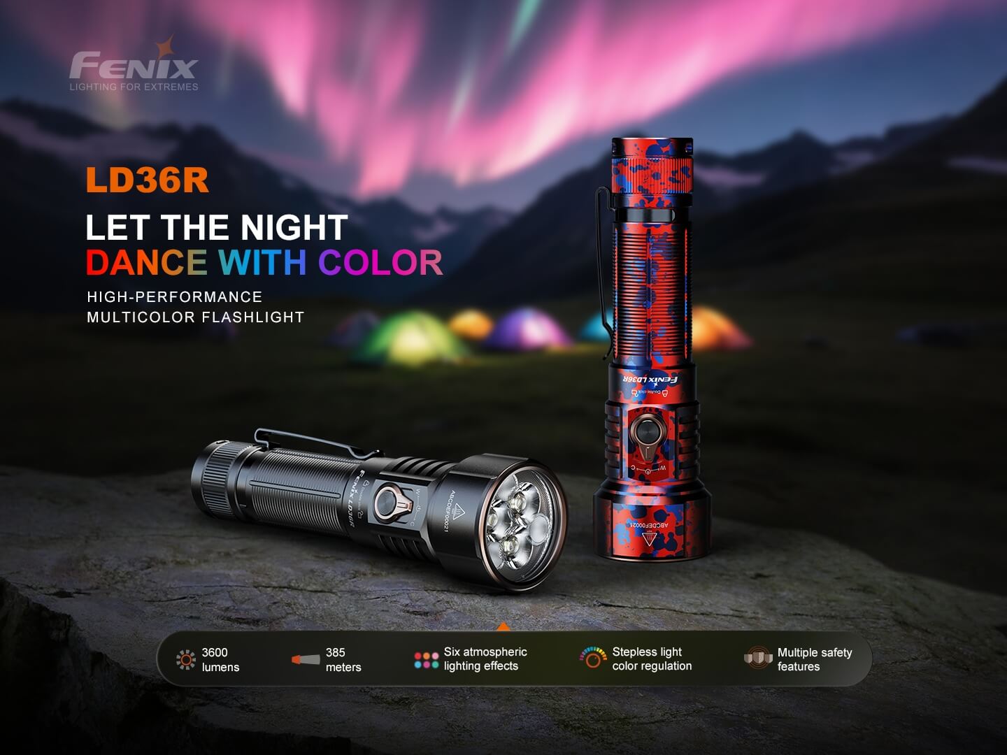 Fenix LD36R viacfarebná nabíjateľná baterka 3600 lúmenov a šesť farieb svetla pri farebne svietiacich stanoch