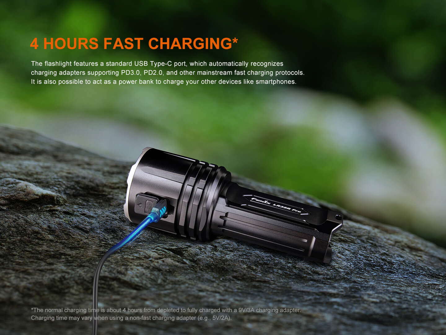 Fenix LR35R Pro nabíjanie cez USB-C s podporou PD3.0 a PD2.0 asi za 4 hodiny a funkcia powerbanky pre mobil