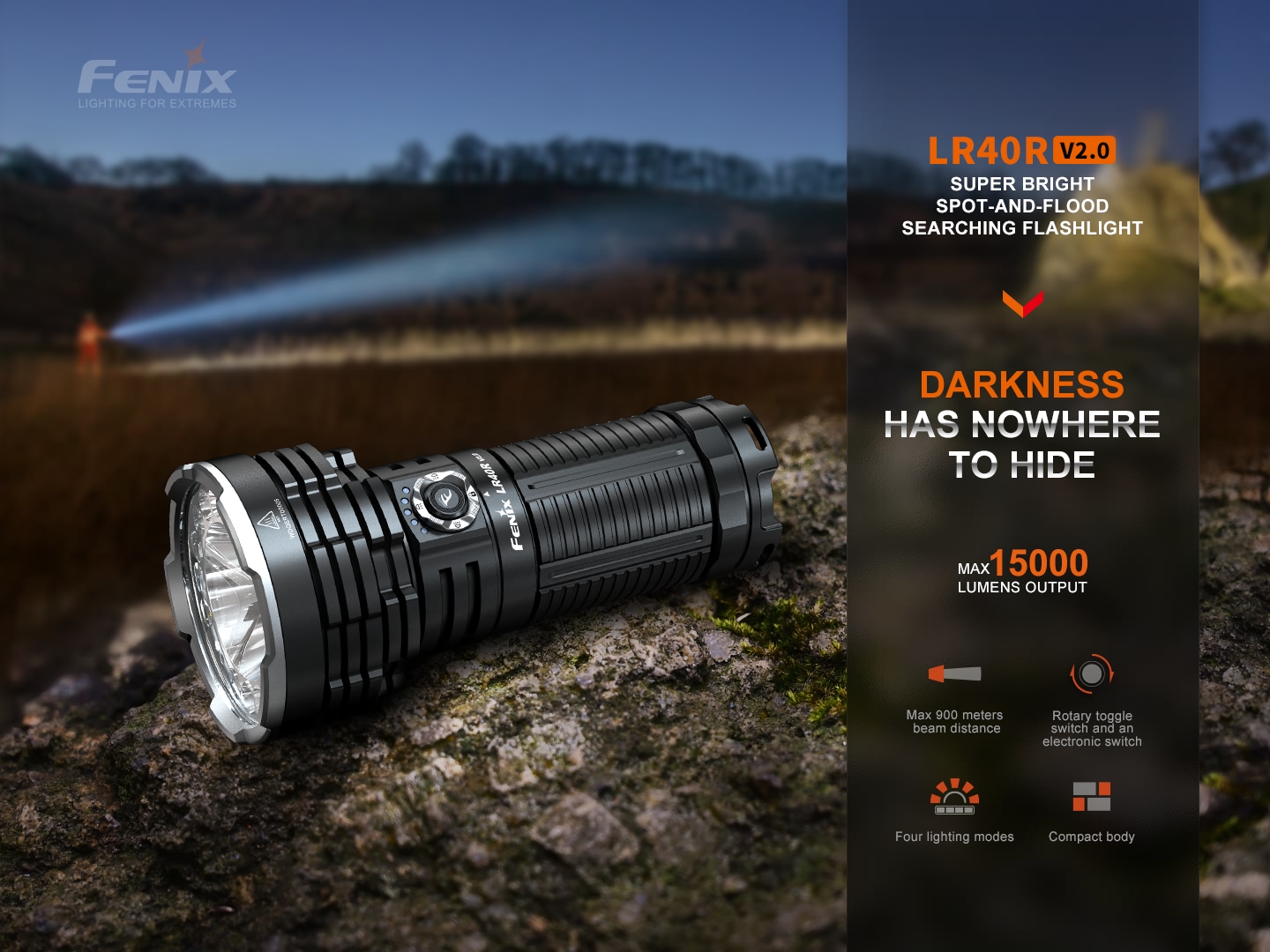 Fenix LR40R V2.0 pátracia baterka 15 000 lúmenov s dosvitom 900 metrov, otočný volič a elektronický spínač