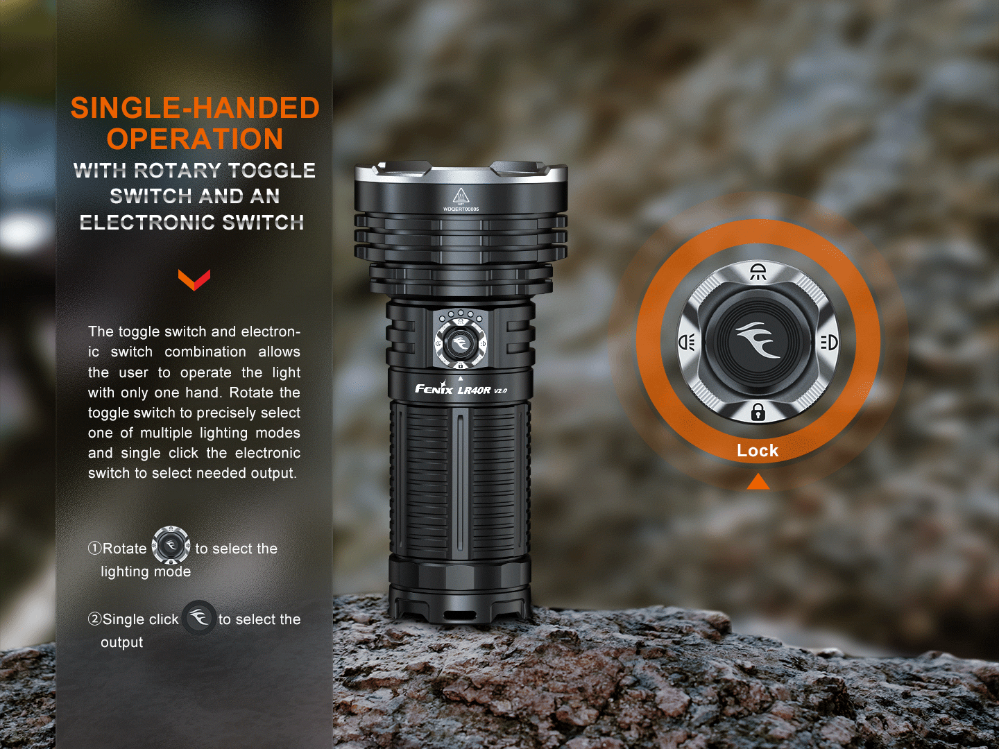 Fenix LR40R V2.0 otočný volič s polohou Lock a režimami bodové, široké a kombinované svetlo, elektronický spínač
