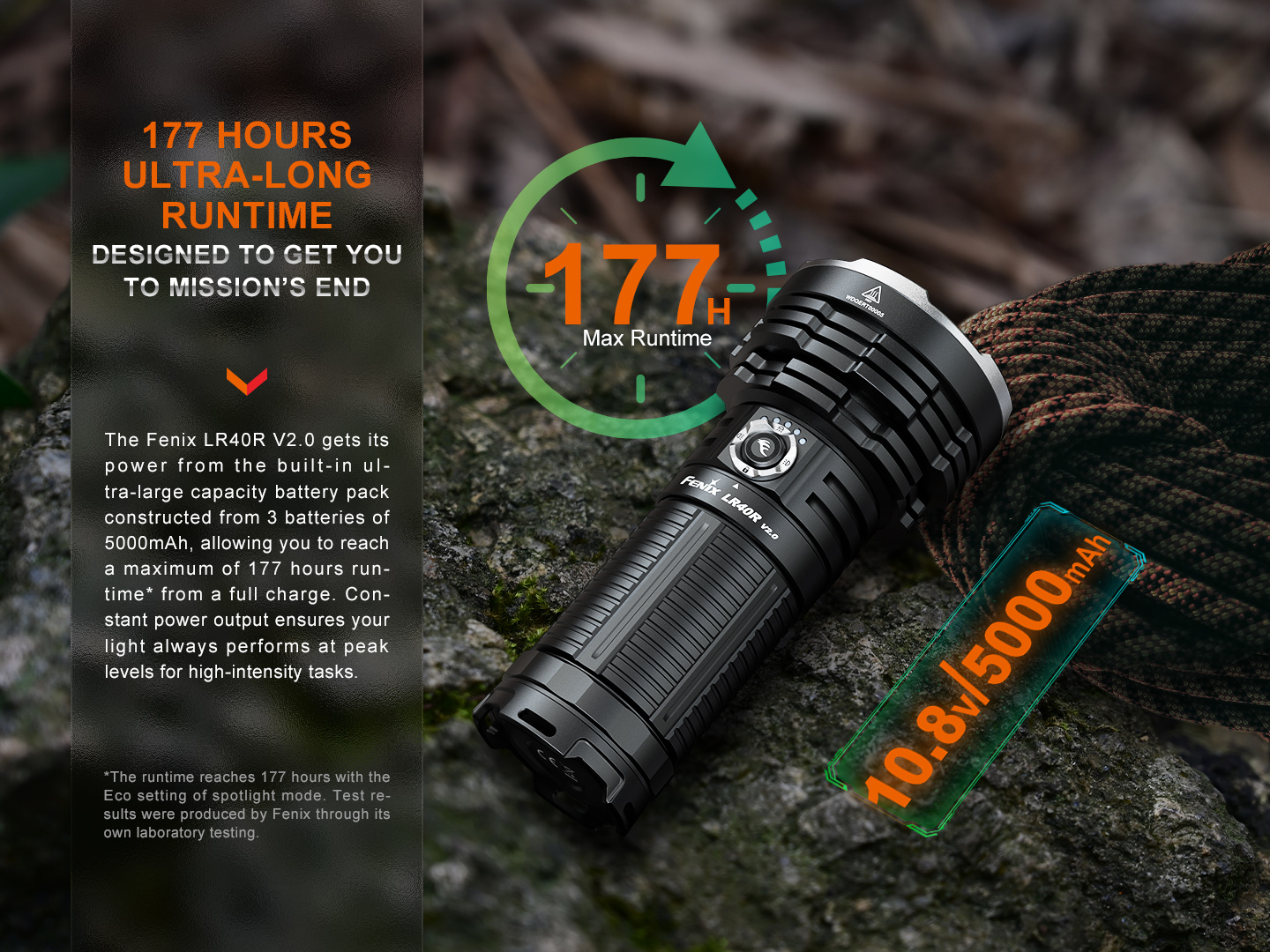Fenix LR40R V2.0 so zabudovaným akumulátorom 10,8 V a 5000 mAh z troch článkov, výdrž až 177 hodín