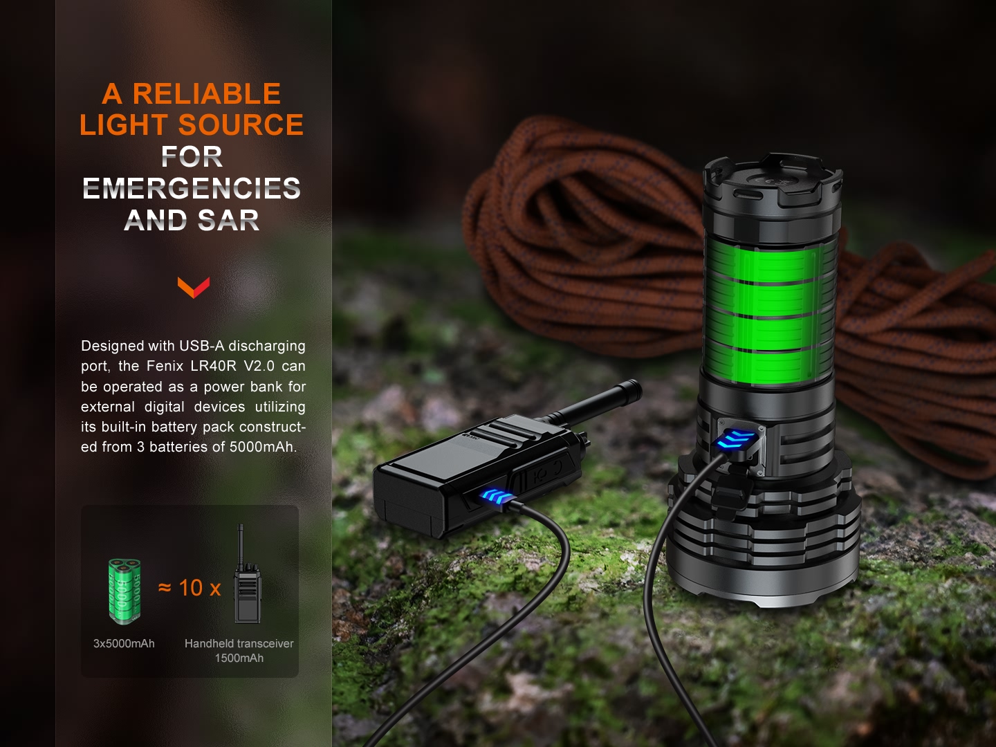 Fenix LR40R V2.0 ako powerbanka dobíja cez výstup USB-A vysielačku, akumulátor z troch článkov 5000 mAh