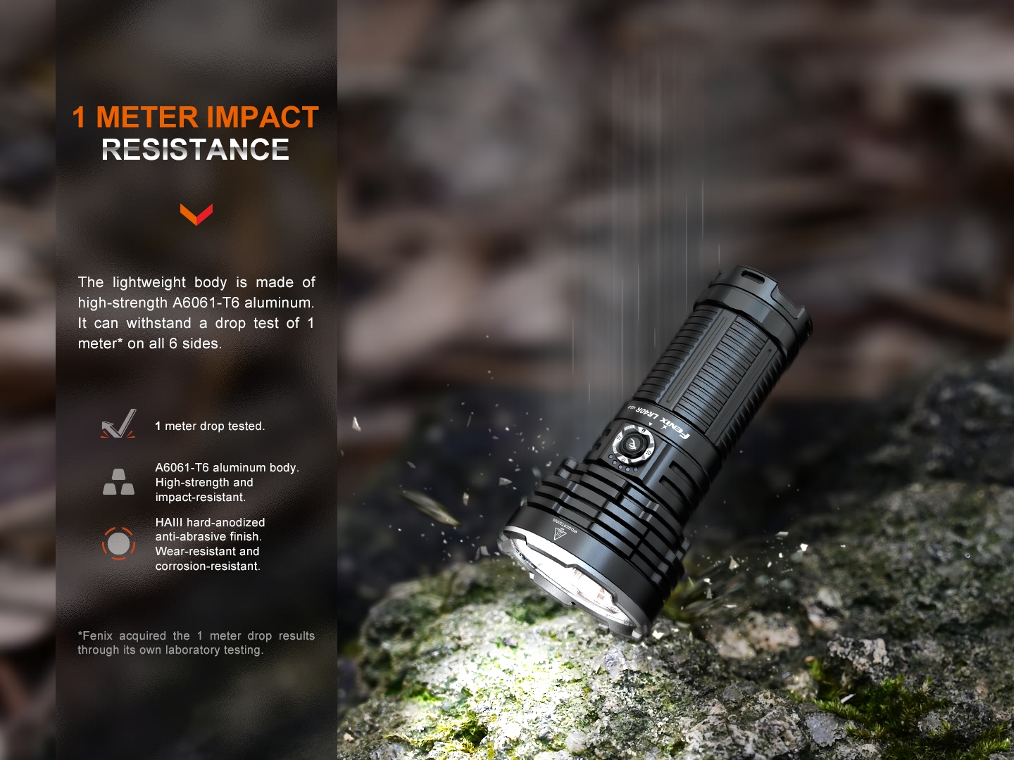 Fenix LR40R V2.0 padá na skalu, telo z hliníka A6061-T6 s anodizáciou HAIII a odolnosť pri páde z 1 metra