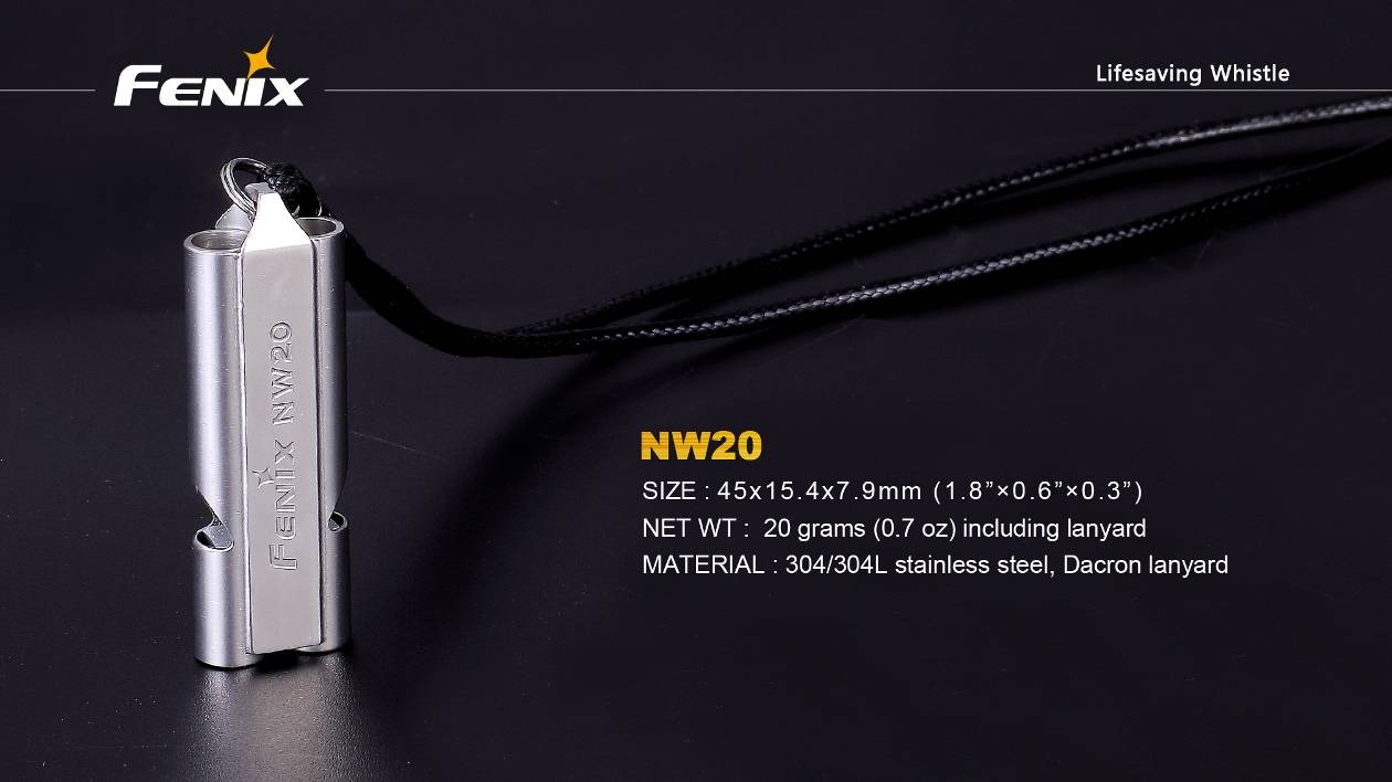 Fenix NW20 parametre – 45 × 15,4 × 7,9 mm, 20 g so šnúrkou, nerezová oceľ 304/304L a šnúrka Dacron