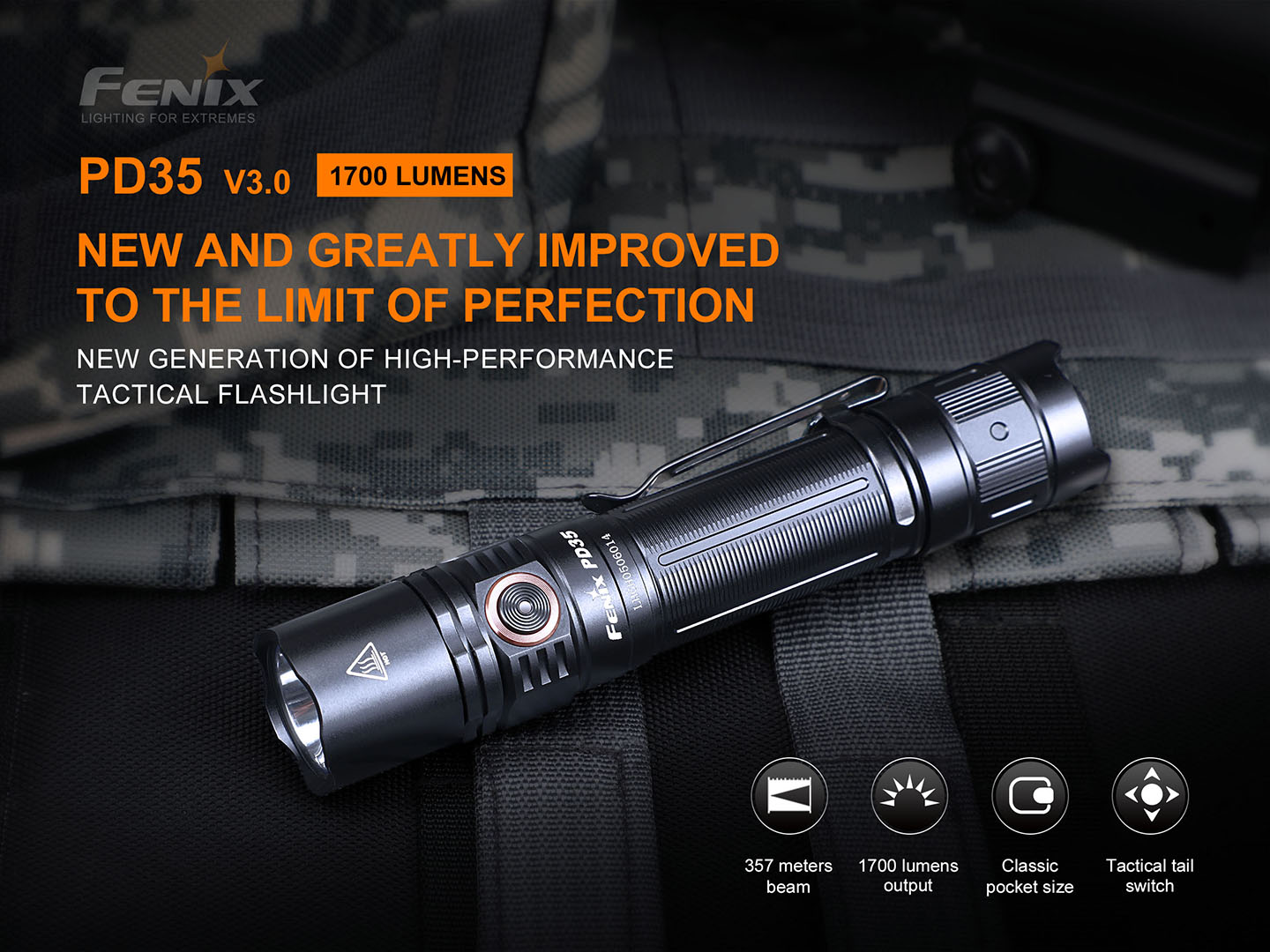 Fenix PD35 V3.0 taktická baterka 1700 lúmenov s dosvitom 357 metrov v klasickej vreckovej veľkosti so sponou