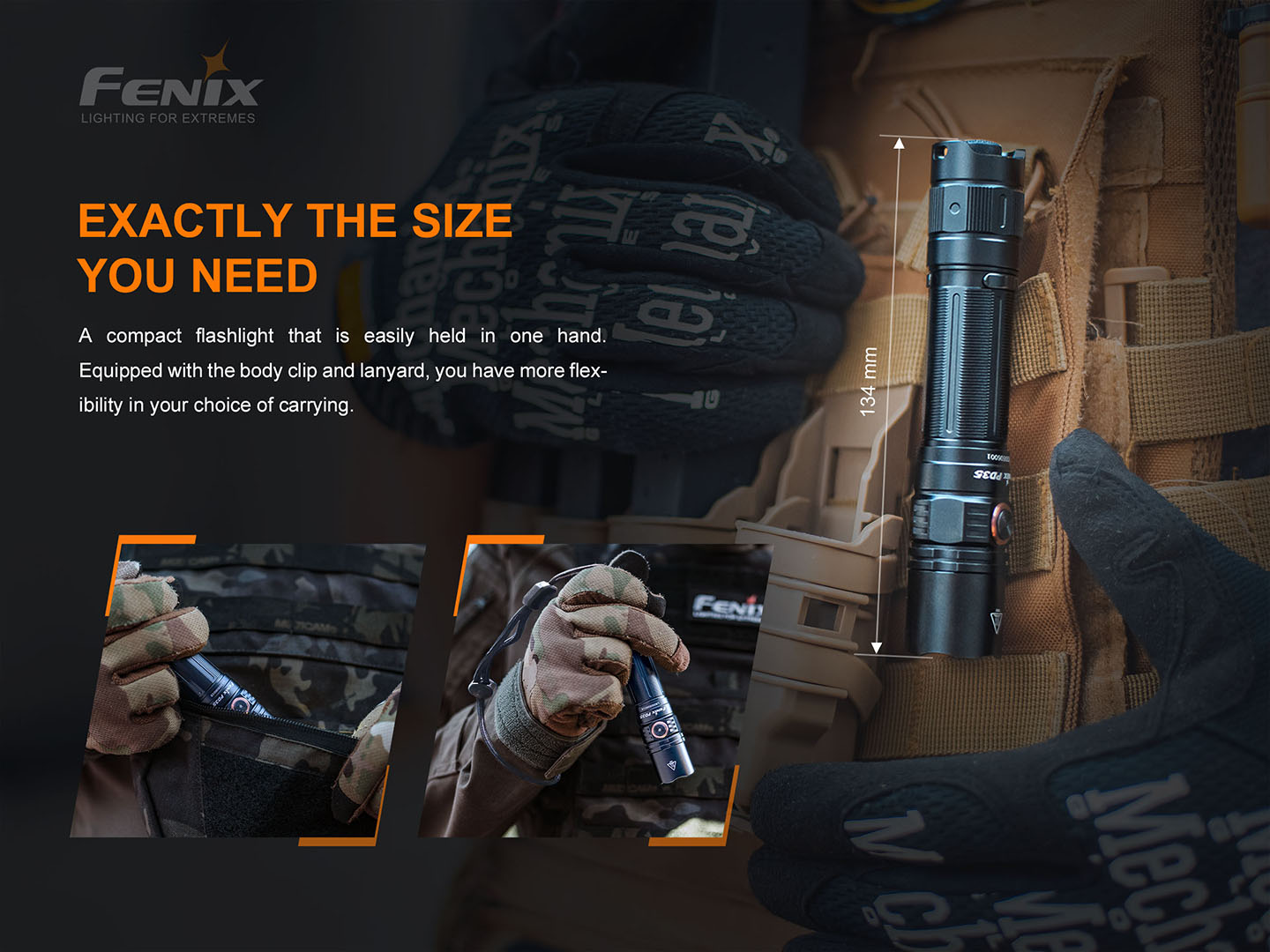 Fenix PD35 V3.0 kompaktná baterka dlhá 134 mm so sponou na veste, vo vrecku a na šnúrke na zápästí