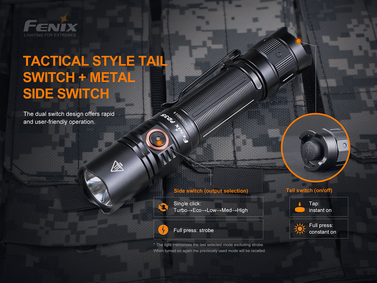 Fenix PD35 V3.0 ovládanie taktickým spínačom na chvoste a kovovým bočným spínačom pre stupne a strobo