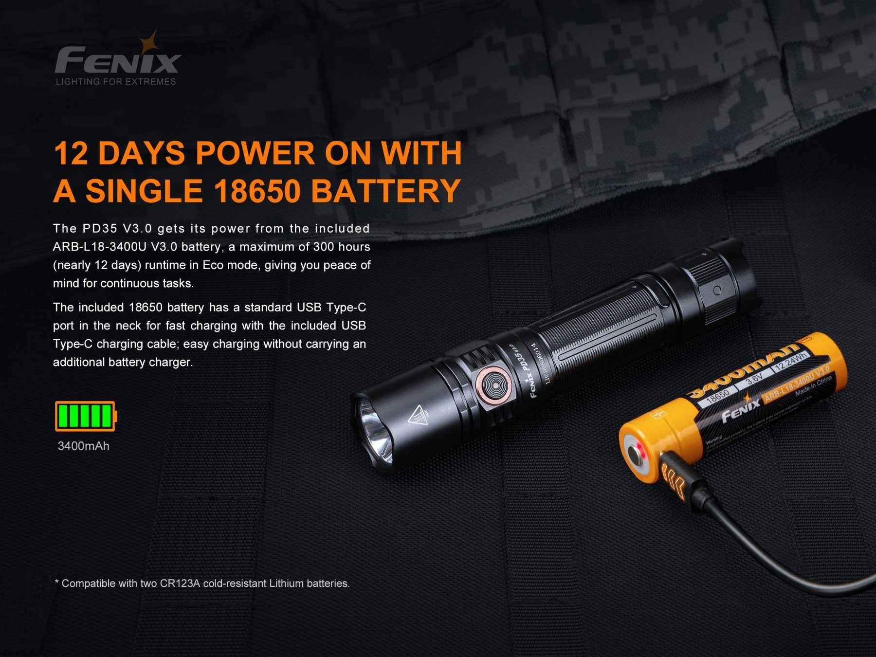 Fenix PD35 V3.0 s akumulátorom ARB-L18-3400U V3.0 18650, ktorý má port USB-C v krčku, až 300 hodín na stupni Eco