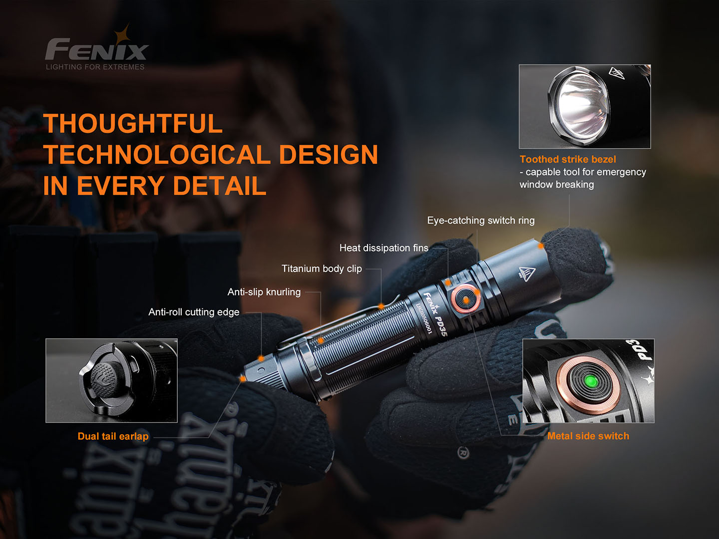 Fenix PD35 V3.0 detaily: zúbkovaný ráfik, chladiace rebrá, spona, protišmykové ryhovanie a kovový bočný spínač