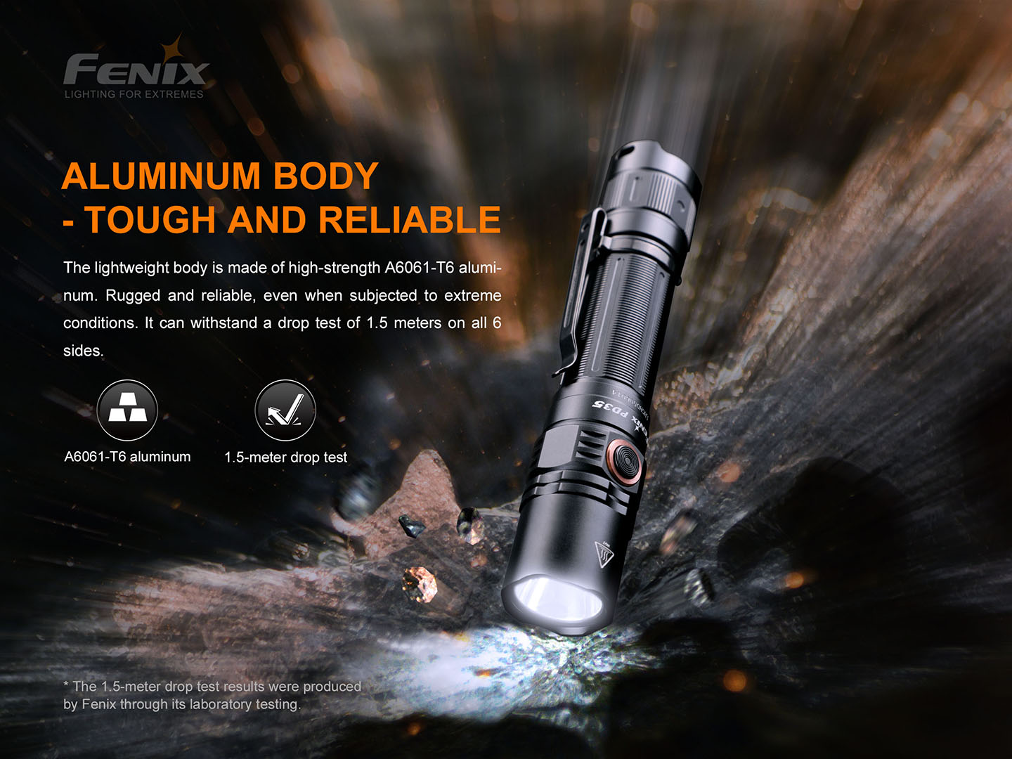 Fenix PD35 V3.0 telo z hliníka A6061-T6, v laboratórnom teste Fenix znesie pád z 1,5 metra na všetkých stranách