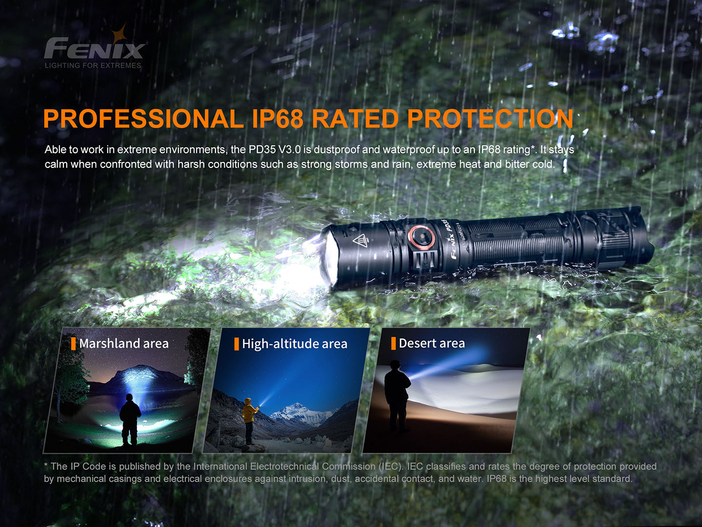 Fenix PD35 V3.0 s krytím IP68 svieti na machu v daždi, prachotesná a vodotesná baterka do močiara, hôr aj púšte
