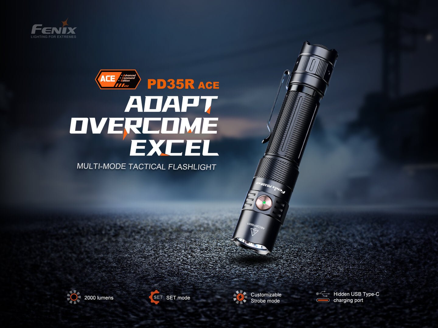 Fenix PD35R ACE taktická baterka 2000 lúmenov s režimom SET, samostatne vypínateľným stroboskopom a skrytým portom USB-C