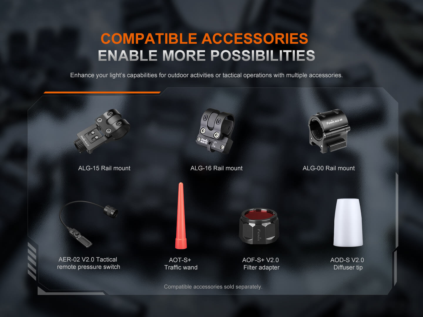 Fenix PD35R ACE kompatibilné príslušenstvo: montáže ALG-00, ALG-15 a ALG-16, spínač AER-02 V2.0, kužeľ, filter a difúzor