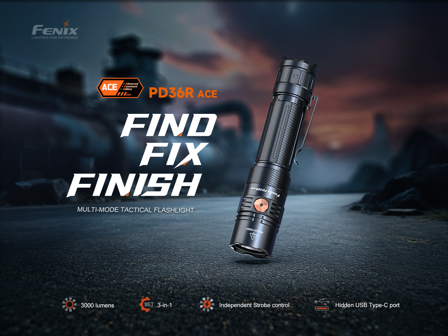 Fenix PD36R ACE taktická baterka 3000 lúmenov s režimom SET 3 v 1, samostatným stroboskopom a skrytým portom USB-C