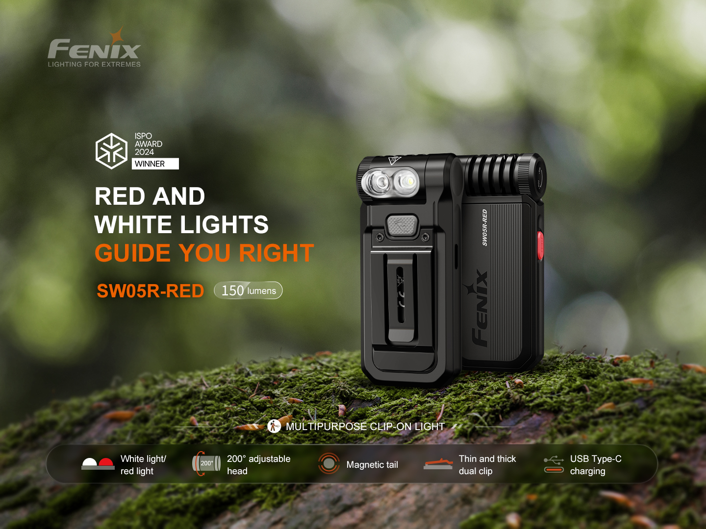 Fenix SW05R-RED baterka so sponou s bielym a červeným svetlom, otočnou hlavou, magnetom a nabíjaním USB-C