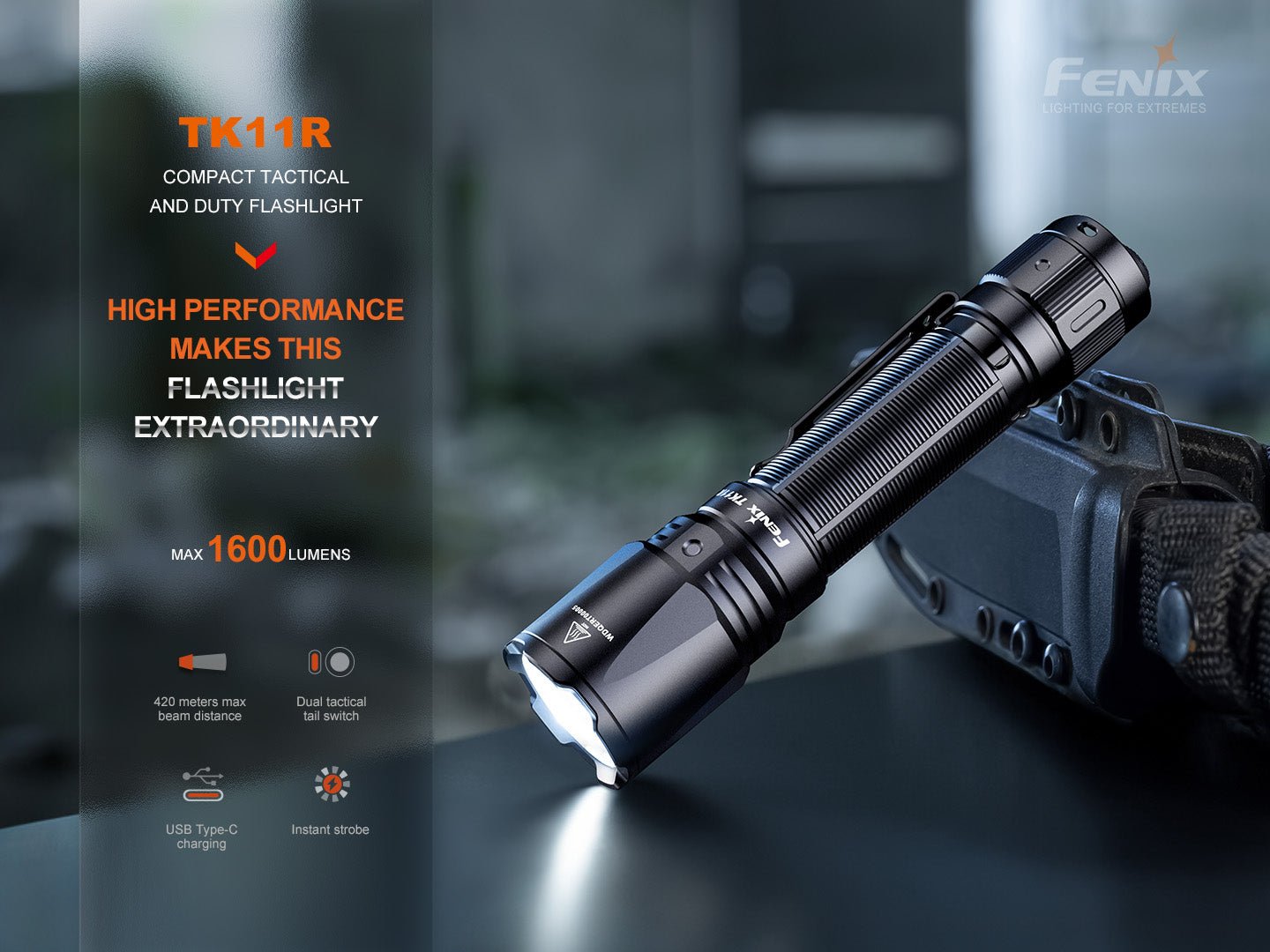 Fenix TK11R kompaktná taktická a služobná baterka 1600 lúmenov s dosvitom 420 metrov a dvoma spínačmi na koncovke