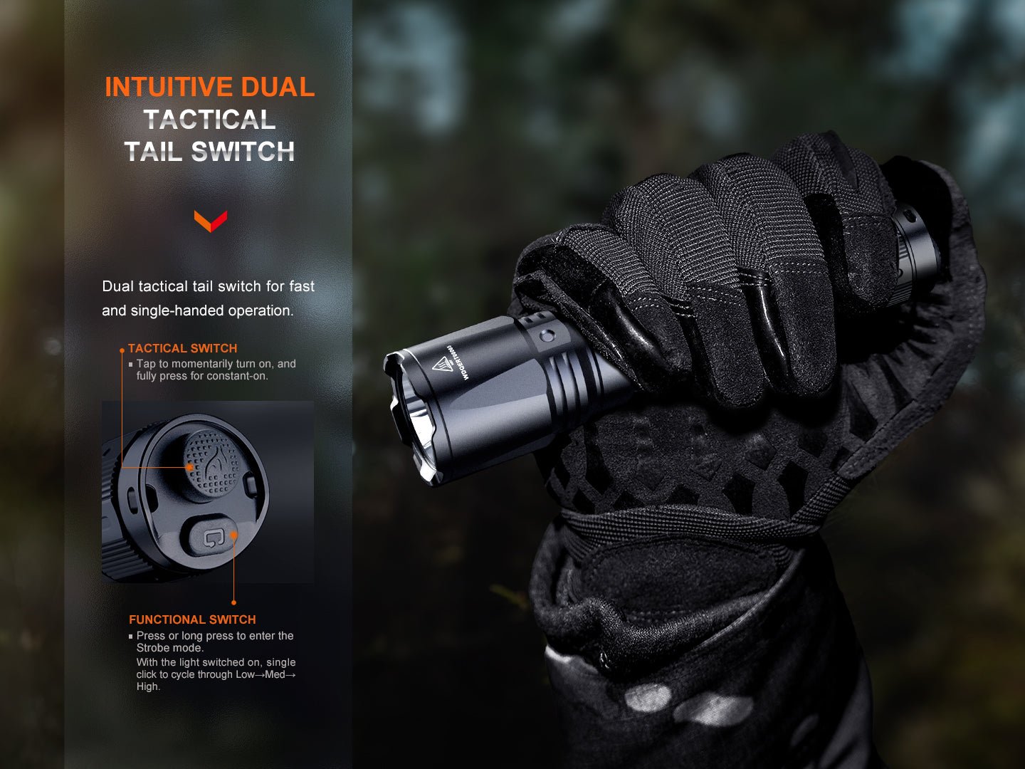 Fenix TK11R dva spínače na koncovke, taktický spínač na zapnutie a funkčný spínač na stupne a stroboskop