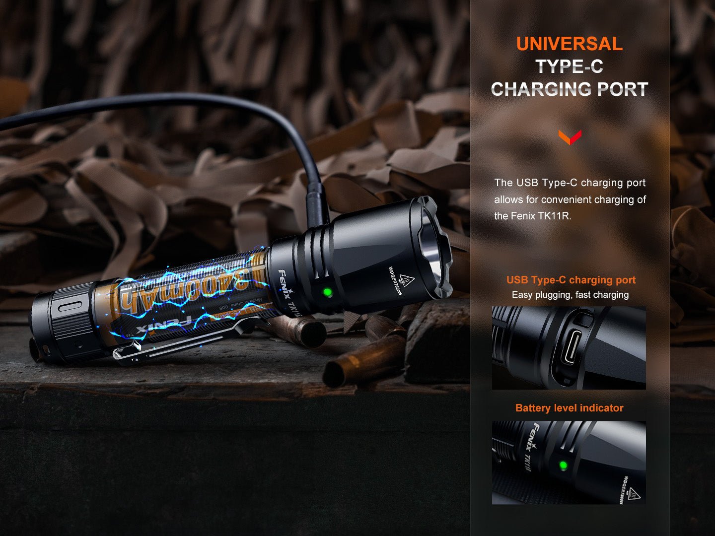 Fenix TK11R nabíjací port USB-C na krku baterky pod hlavou a indikátor stavu batérie pri hlave