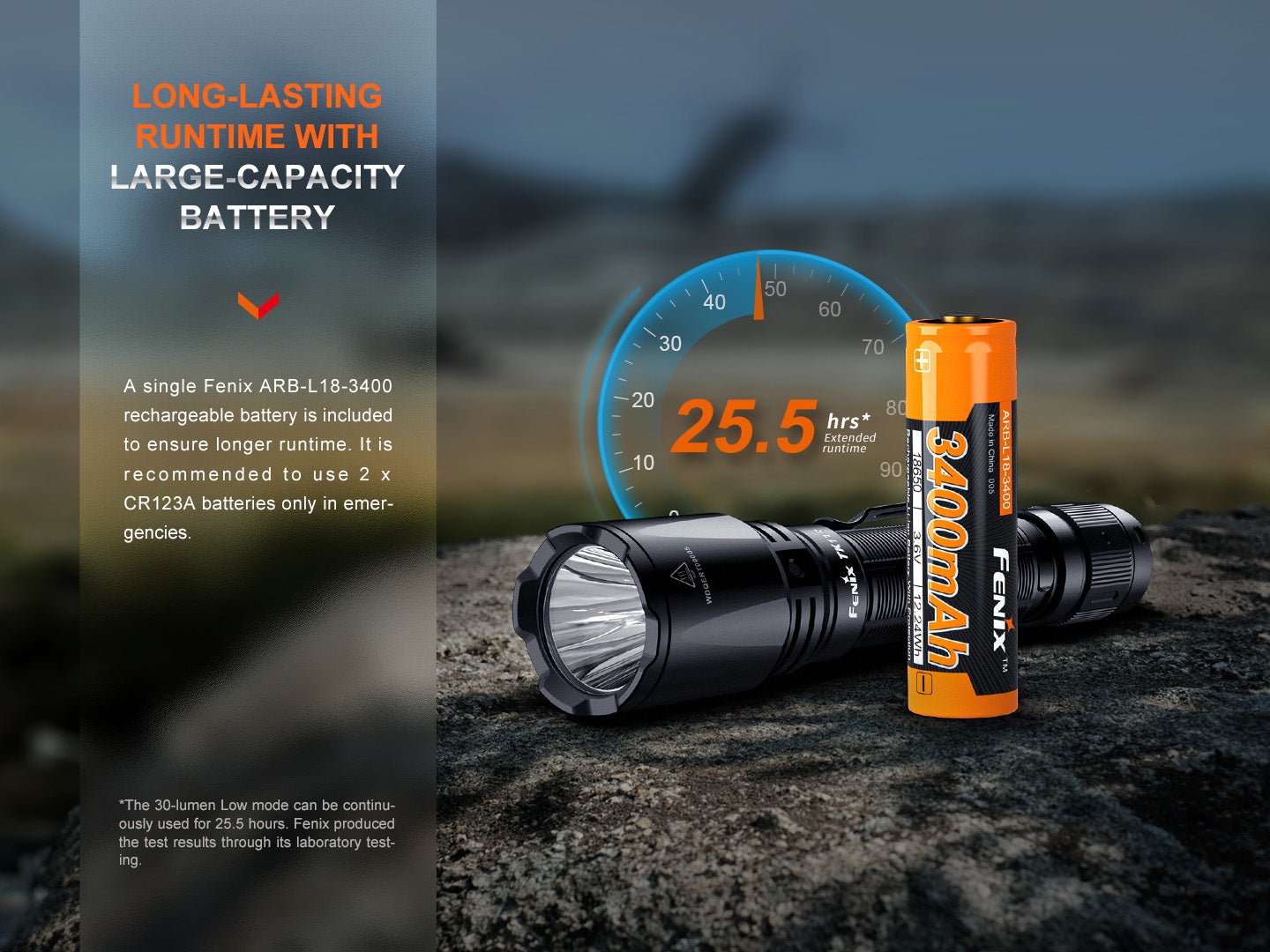 Fenix TK11R akumulátor ARB-L18-3400 typu 18650 s kapacitou 3400 mAh a výdrž 25,5 hodiny na stupni Low