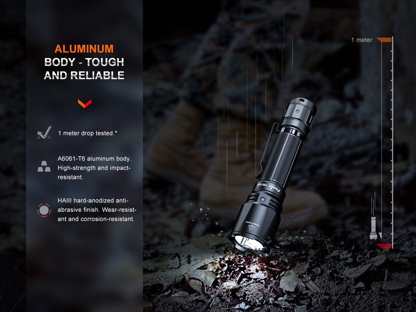 Fenix TK11R hliníkové telo A6061-T6 s tvrdou anodizáciou HAIII odolá pádu z výšky 1 meter