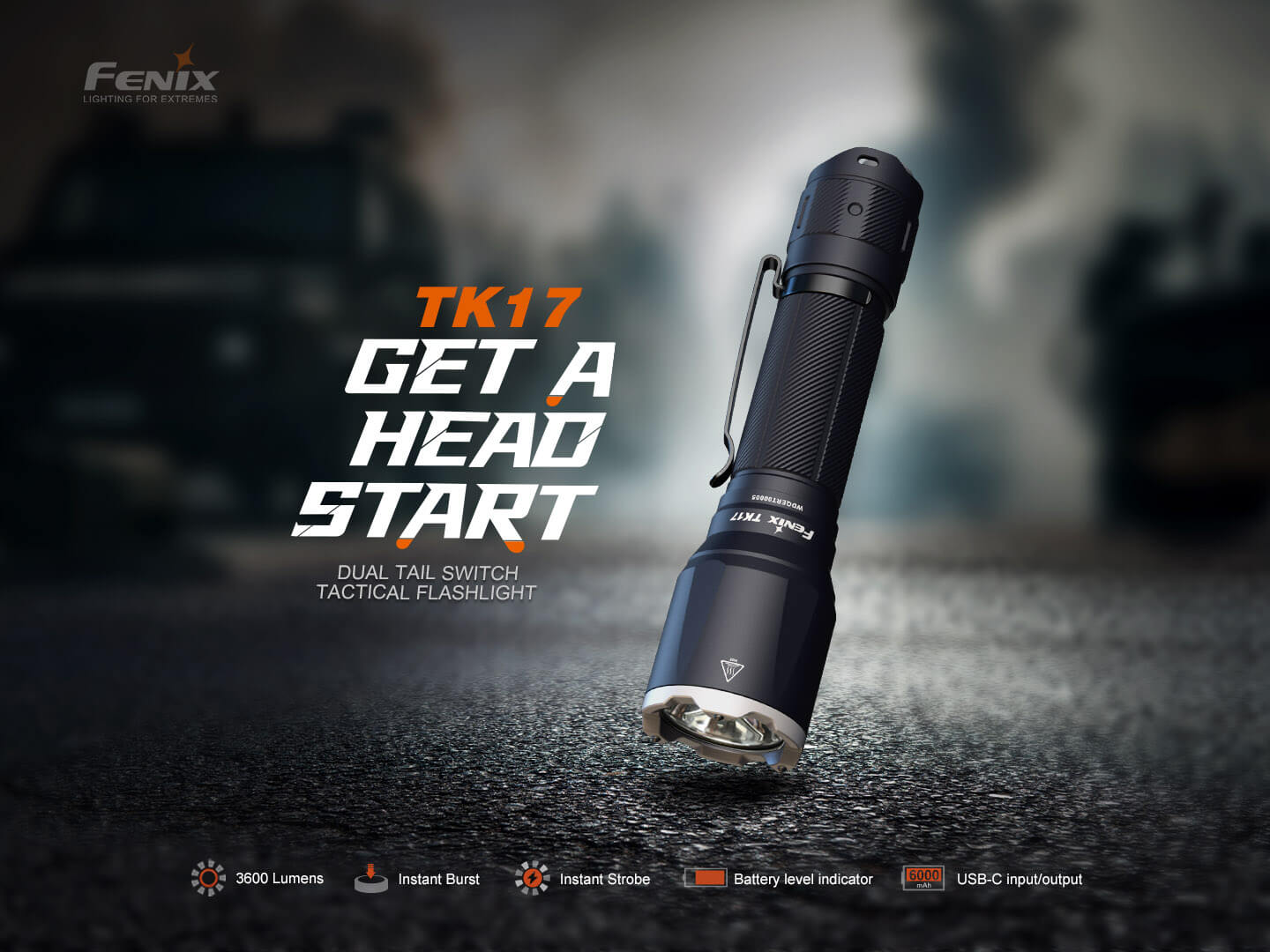 Fenix TK17 taktická baterka 3600 lúmenov s dvoma spínačmi na chvoste, okamžitým Burst a strobom a akumulátorom 6000 mAh