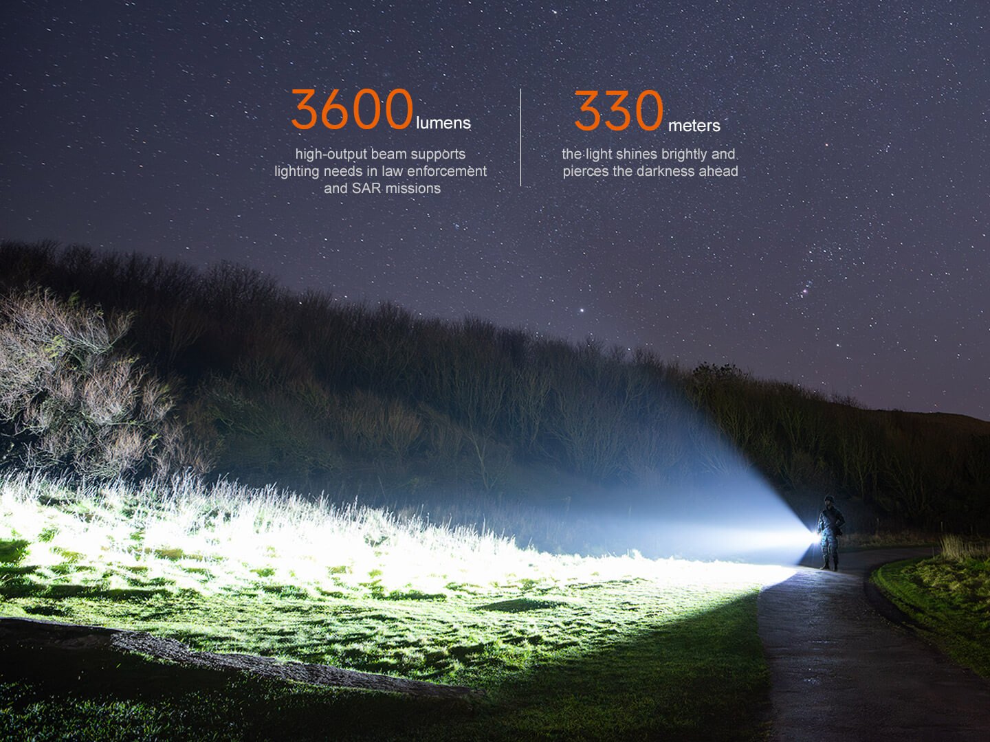 Fenix TK17 výkon 3600 lúmenov a dosvit 330 metrov pri nočnom pátraní, silný lúč osvetľuje svah a kríky