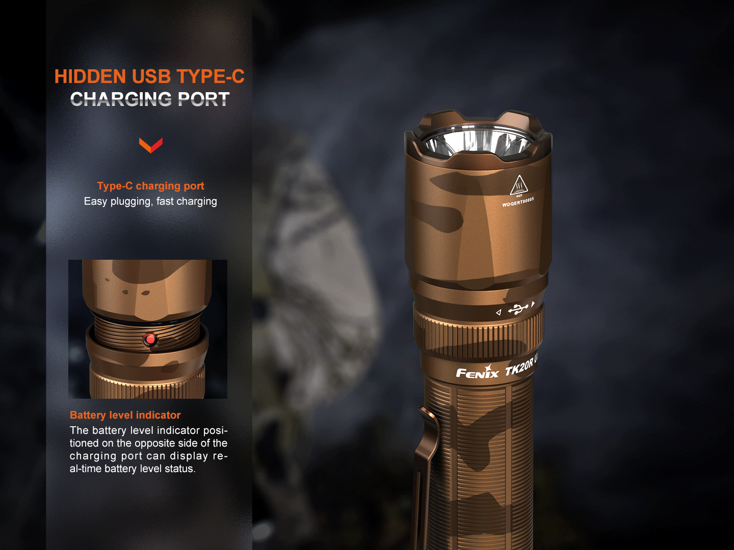 Fenix TK20R UE skrytý nabíjací port USB-C v krku pod hlavou a indikátor stavu akumulátora na opačnej strane
