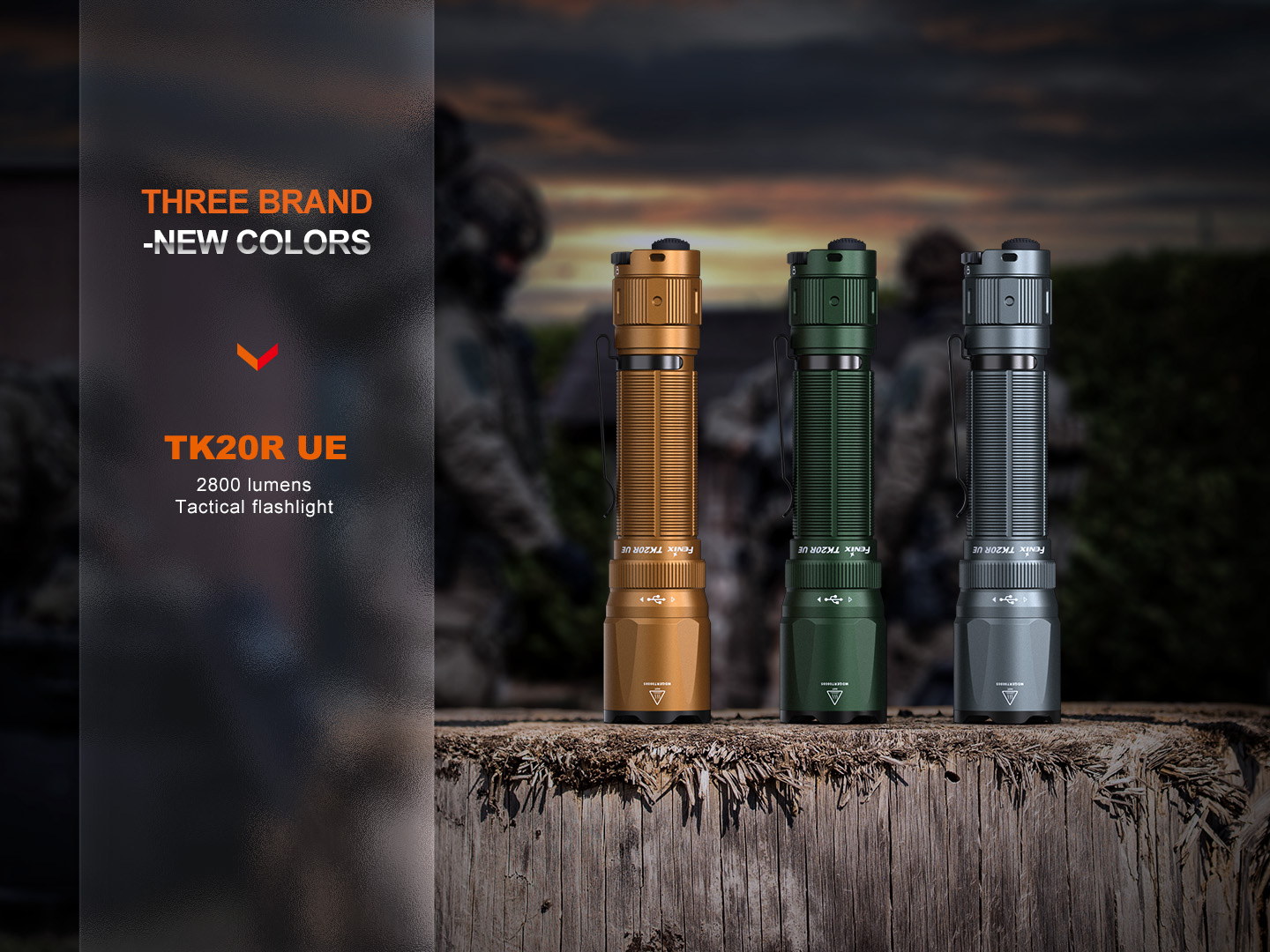 Fenix TK20R UE v troch jednofarebných verziách, piesková Tan, zelená Tropic a šedá City gray, s výkonom 2800 lm