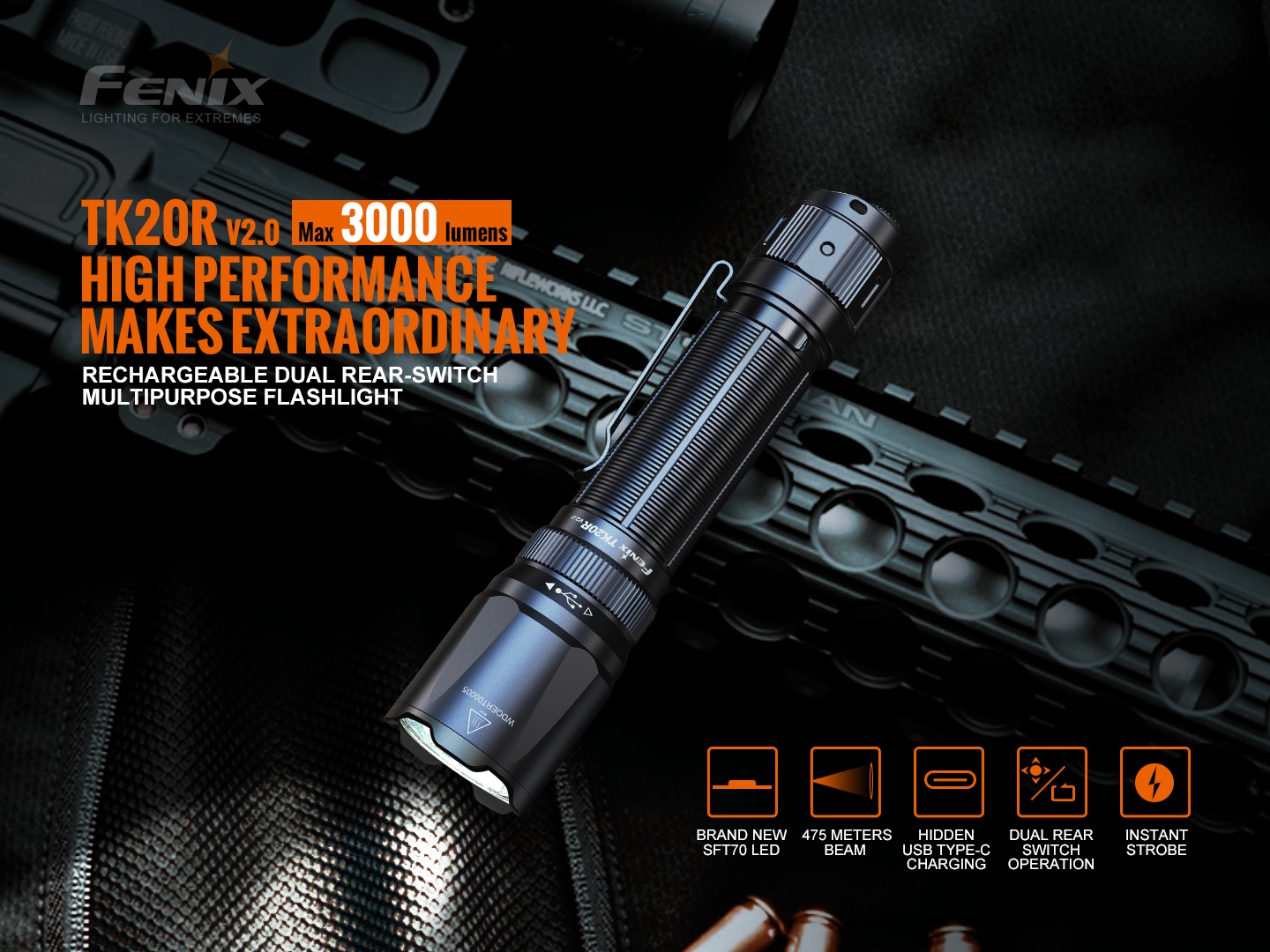 Fenix TK20R V2.0 nabíjateľná taktická baterka 3000 lúmenov s dvoma tlačidlami na chvoste a dosvitom 475 metrov