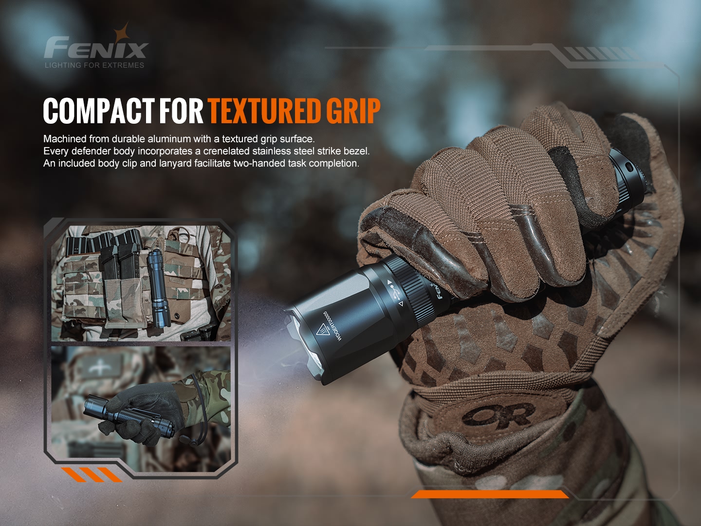 Fenix TK20R V2.0 kompaktné hliníkové telo s protišmykovým povrchom, zúbkovanou nerezovou korunkou, klipom a pútkom
