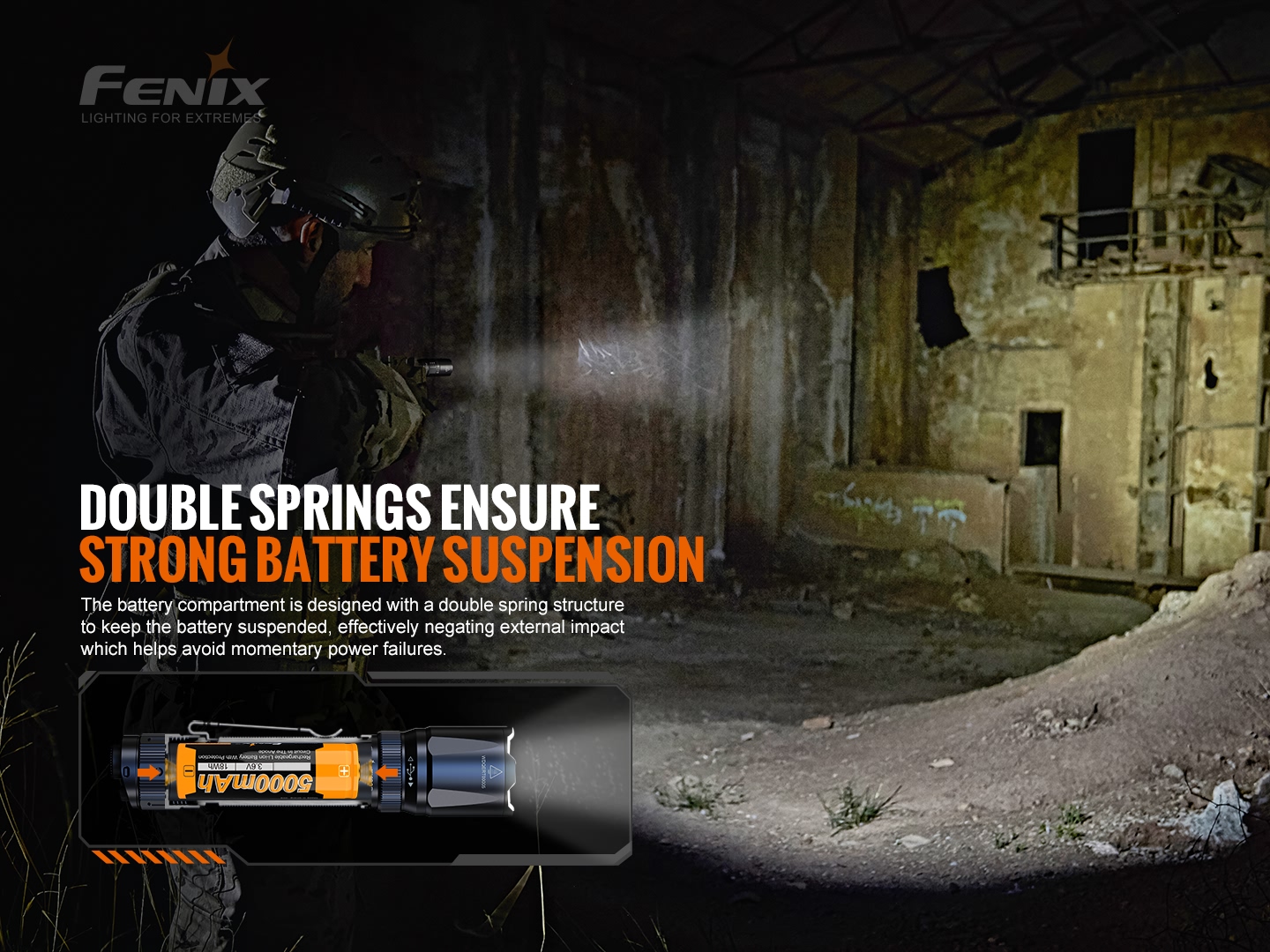 Fenix TK20R V2.0 dvojitá pružina v batériovej komore drží akumulátor 5000 mAh a tlmí nárazy pri otrasoch