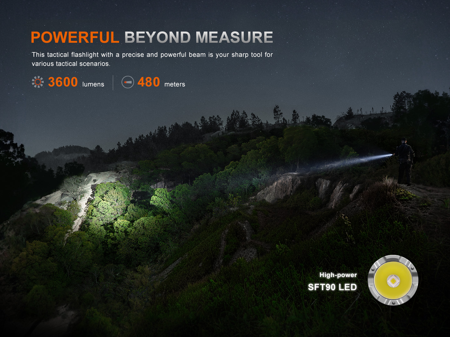 Fenix TK21R výkon 3600 lúmenov a dosvit 480 metrov s LED Luminus SFT90, lúč osvetľuje vzdialený svah a stromy