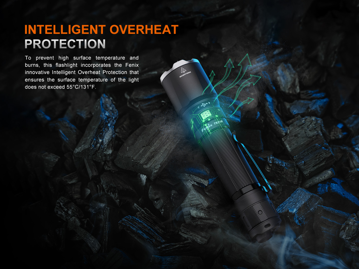 Fenix TK21R inteligentná ochrana proti prehriatiu, pri teplote 55 °C baterka sama zníži jas o niekoľko lúmenov