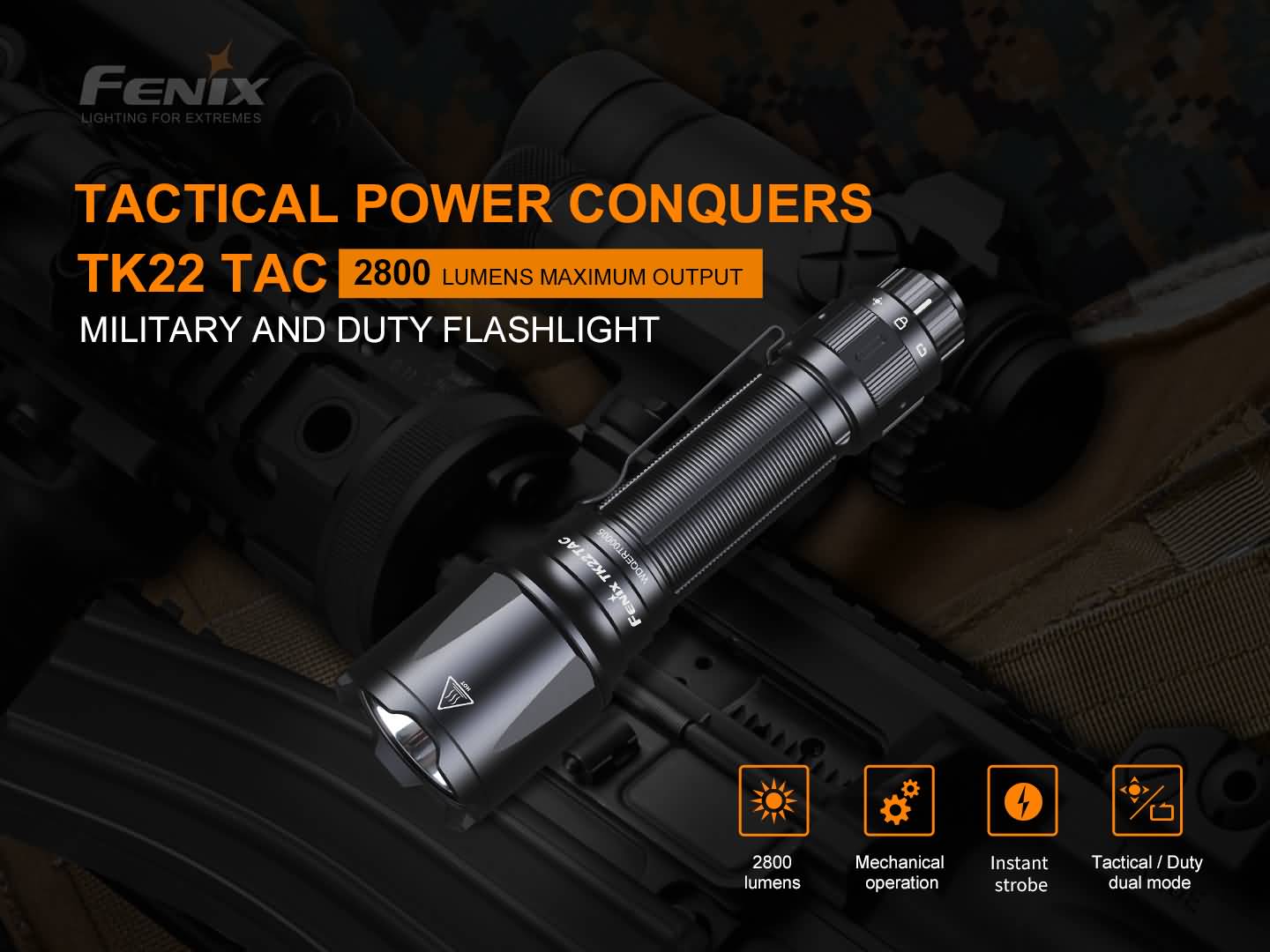 Fenix TK22 TAC taktická a služobná baterka 2800 lúmenov s mechanickým ovládaním a okamžitým strobom