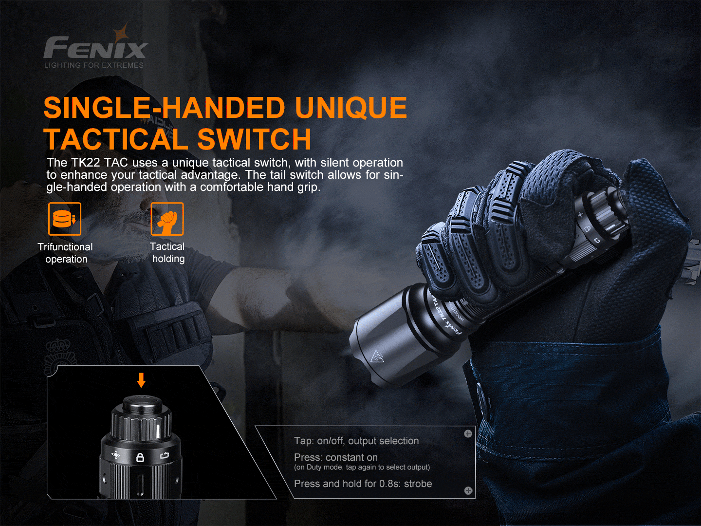 Fenix TK22 TAC taktický spínač na chvoste s tichým chodom, ťuknutie, plné stlačenie a podržanie 0,8 s pre strobo