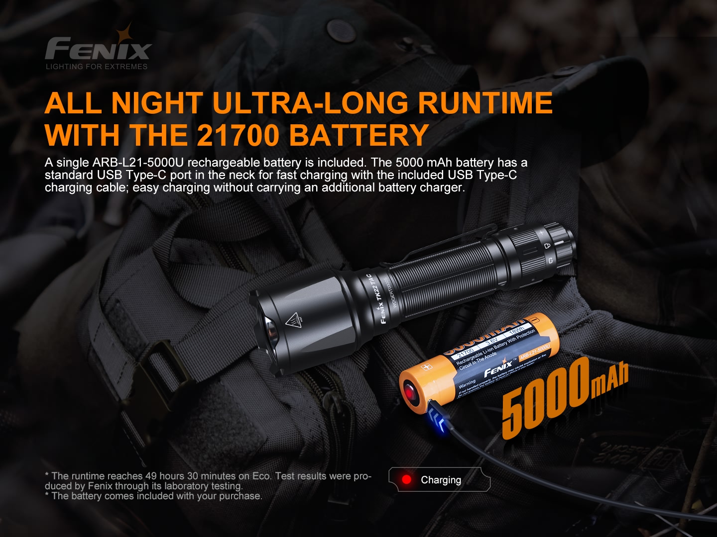 Fenix TK22 TAC akumulátor ARB-L21-5000U 21700 s kapacitou 5000 mAh a portom USB-C v krčku, kábel v balení
